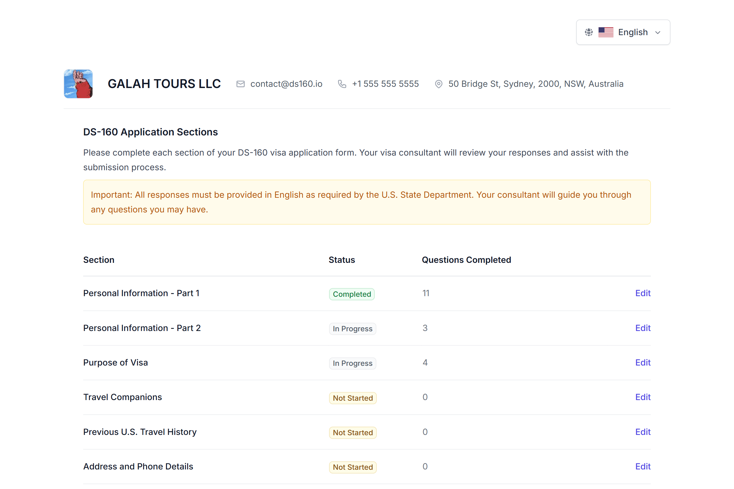 Client intake form in English