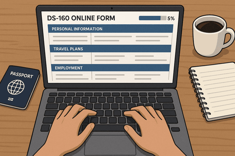 Filling out the DS-160 form online: a laptop, passport, and progress bar showing the application nearly complete.